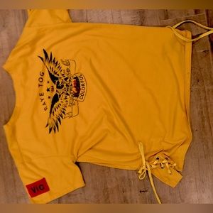 YesStyle Yellow Print Logo Short Sleeve Shirt with Lace Up Sides